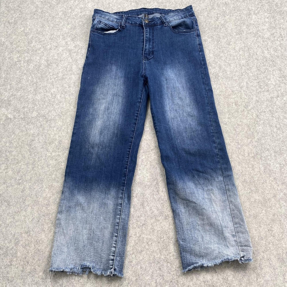 Crazy Train Wide Leg Crop Jeans Juniors 13 (29x24) Blue Fringe Hem High Rise